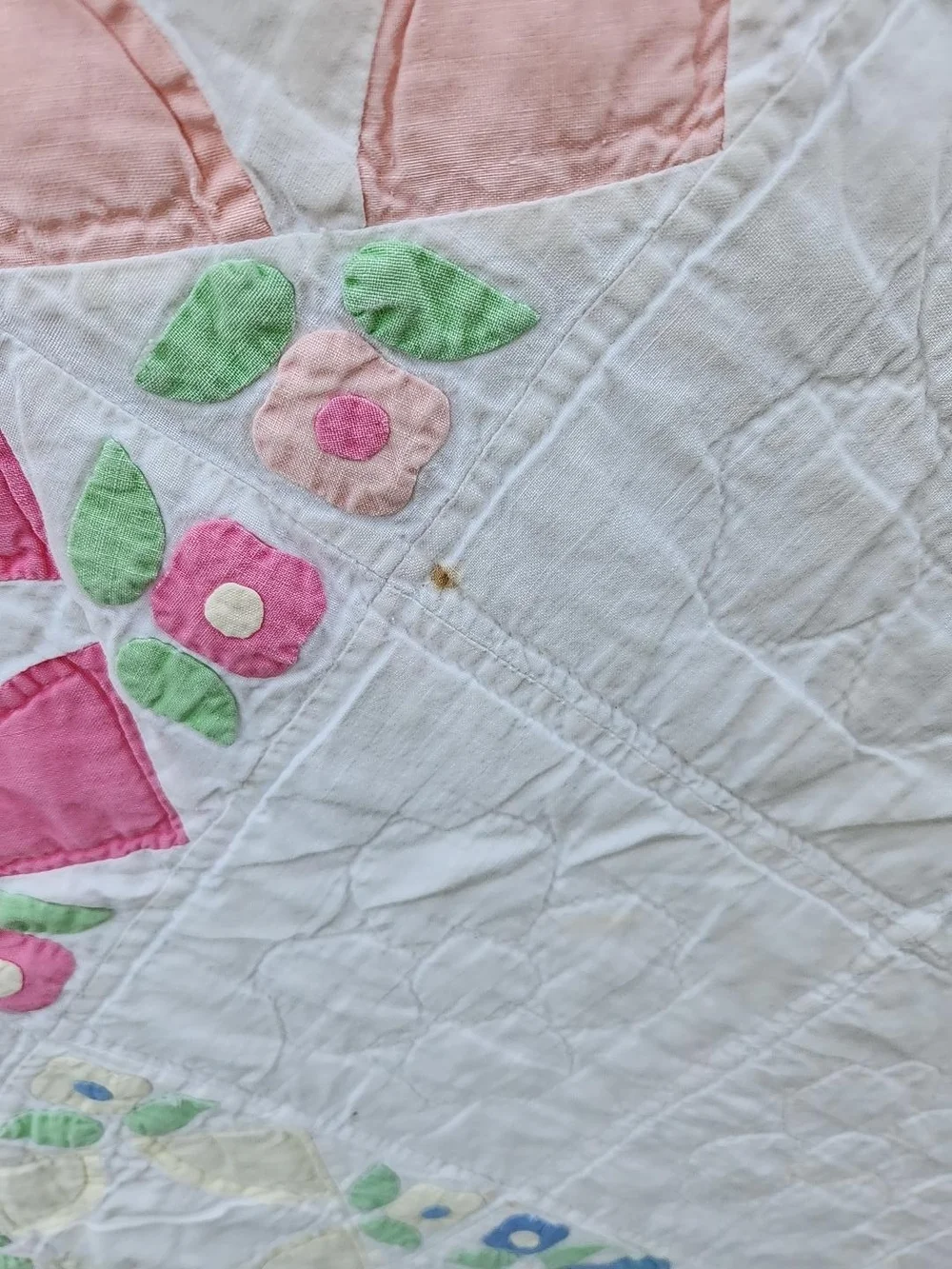 Vintage Handmade Cotton Patchwork Quilt in Pink, Blue & Green 79x78